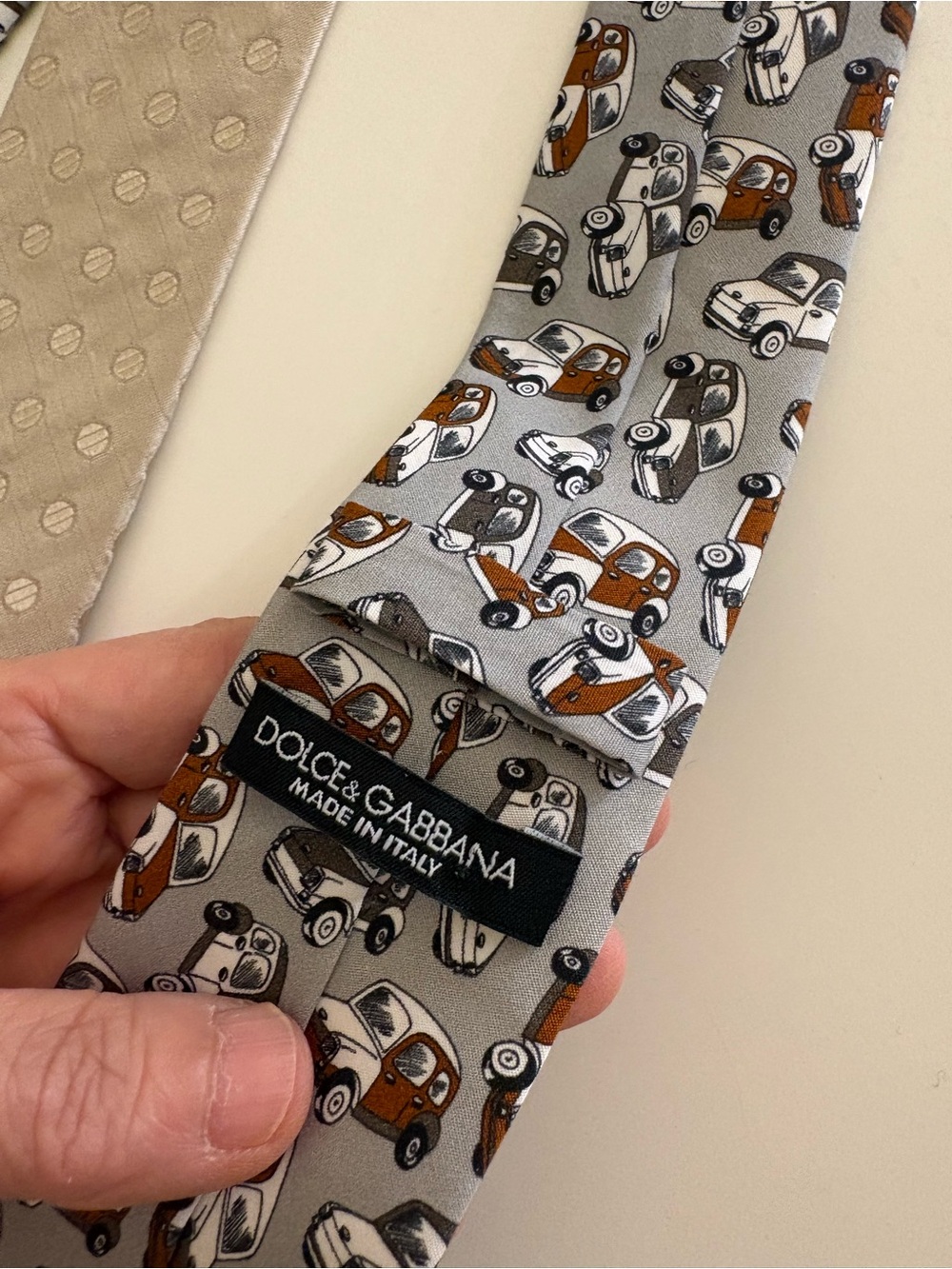Dolce & Gabbana Beige Silk Tie with Vintage Car Motif
